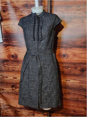 Women's Merona Midi Dress Size 2 Grey Black Ruffled Button Front 50's Pinup